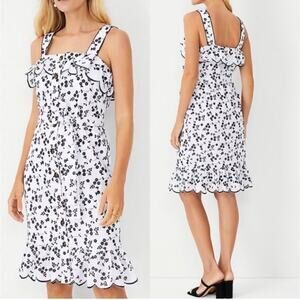 Ann Taylor White Blue Embroidered Ruffle Top‎ Belted Knee Length Summer Dress S